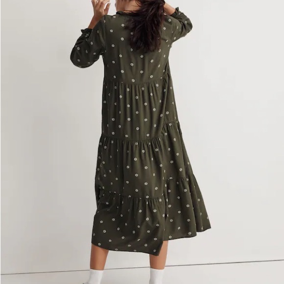 Madewell Dark Green Floral Long Sleeve Dress Tiered tie midi dress stardot - Picture 2 of 12